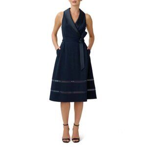 Adrianna Papell knit crepe midi dress midnight blue satin lapel belted